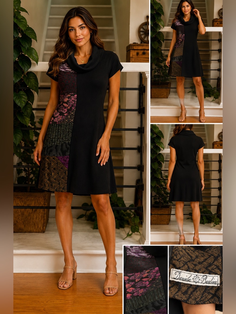 Desigual Style Patchwork Cowl Neck Knit Dress Black Purple Size L